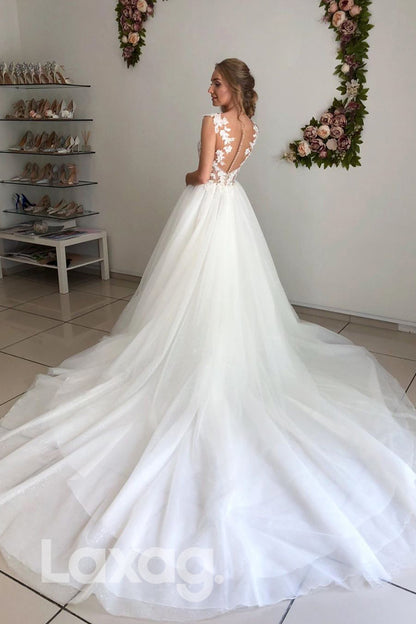 13534 - Plunging Illusion Neckline Appliques Wedding Gown|LAXAG
