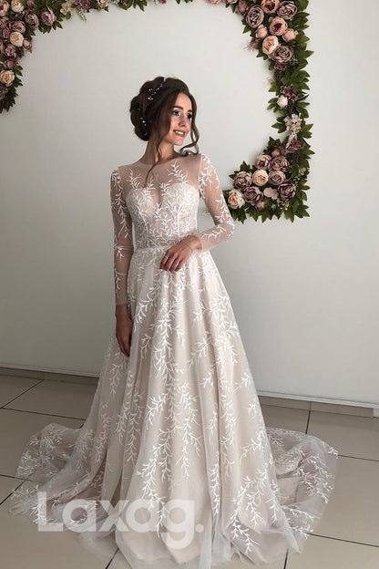 13540 - Illusion Neckline Allover Lace Wedding Dress with Sleeves|LAXAG