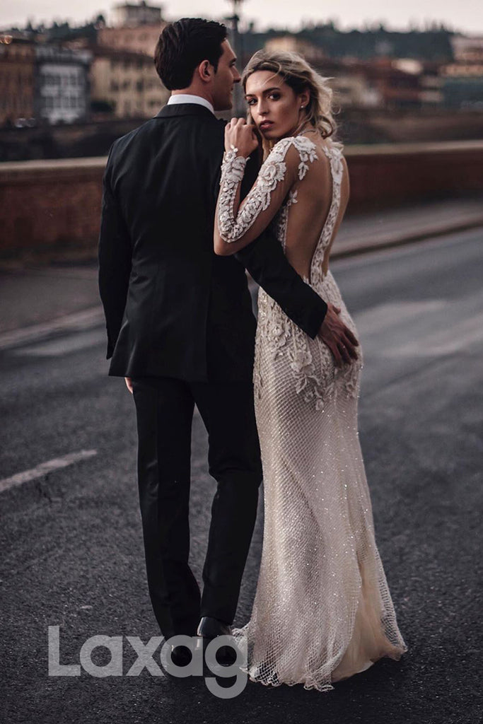 13543 - Deep V-neck Allover Lace Appliques Long Sleeves Bohemian Wedding Dress|LAXAG