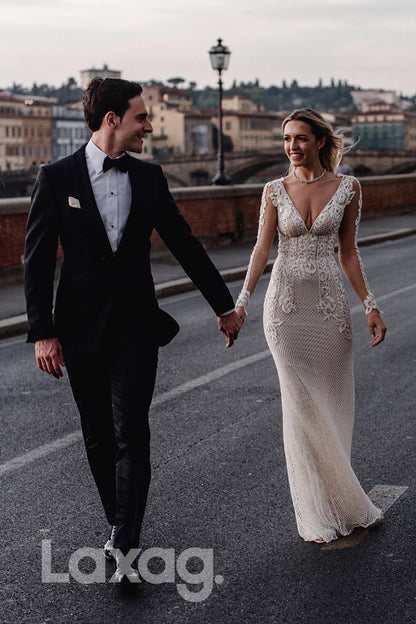 13543 - Deep V-neck Allover Lace Appliques Long Sleeves Bohemian Wedding Dress|LAXAG