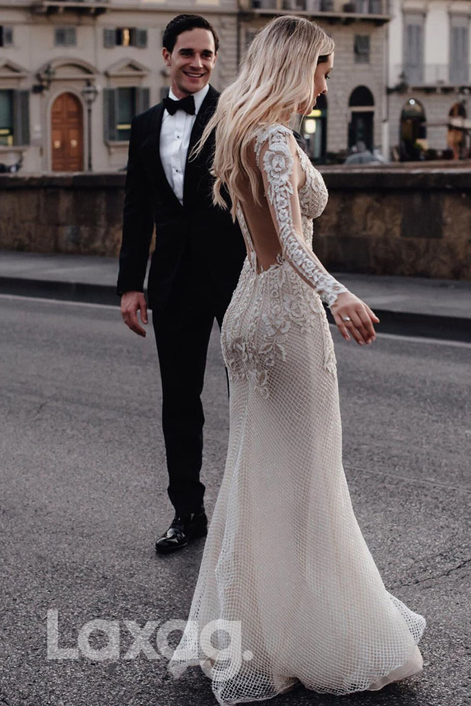 13543 - Deep V-neck Allover Lace Appliques Long Sleeves Bohemian Wedding Dress|LAXAG