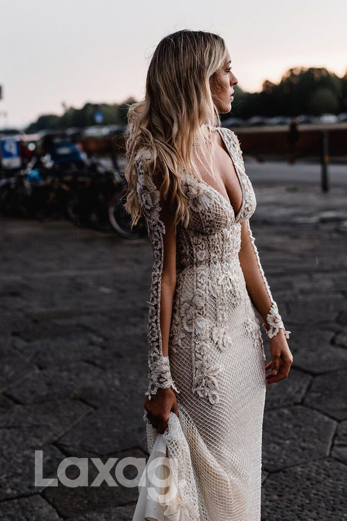 13543 - Deep V-neck Allover Lace Appliques Long Sleeves Bohemian Wedding Dress|LAXAG