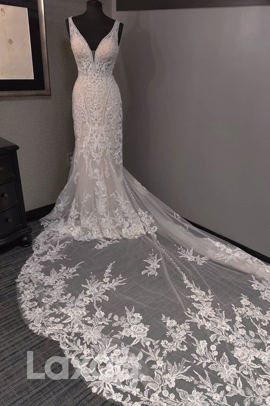 13545 - Deep V-neck Beads Allover Lace Wedding Dress|LAXAG