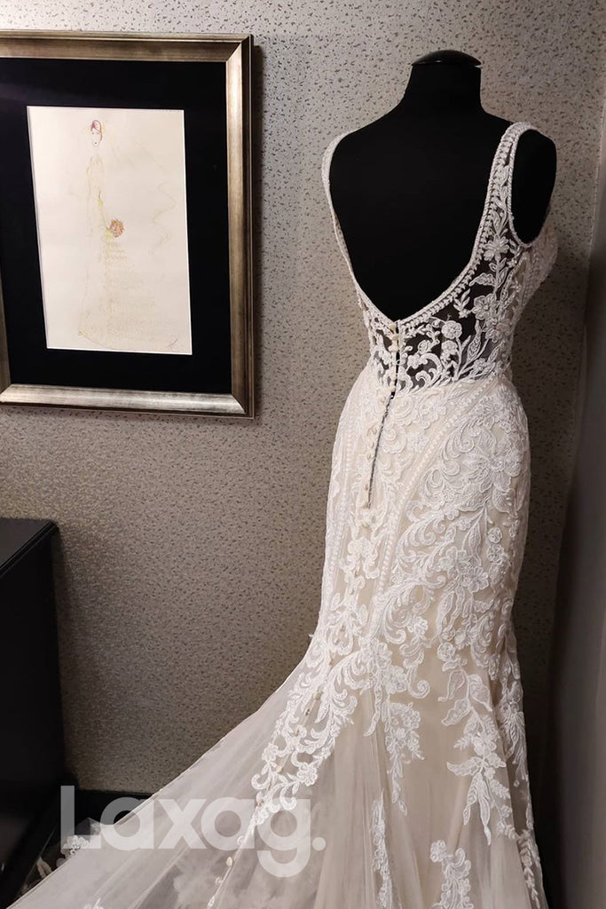 13545 - Deep V-neck Beads Allover Lace Wedding Dress|LAXAG