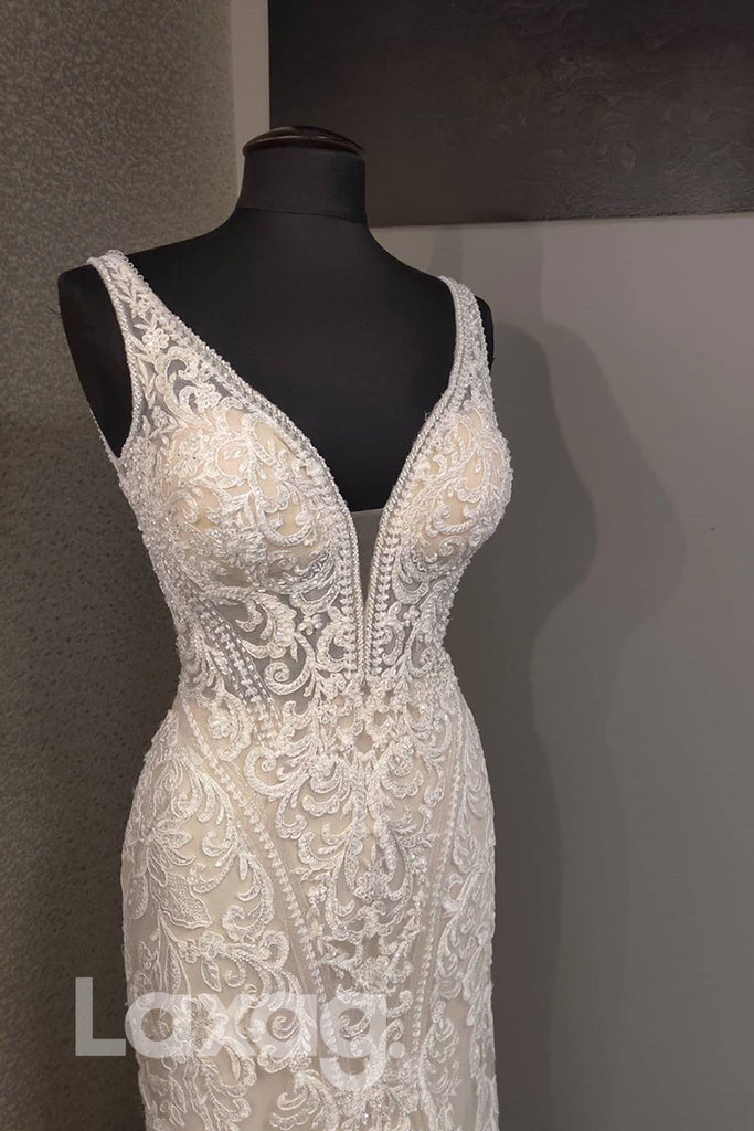 13545 - Deep V-neck Beads Allover Lace Wedding Dress|LAXAG