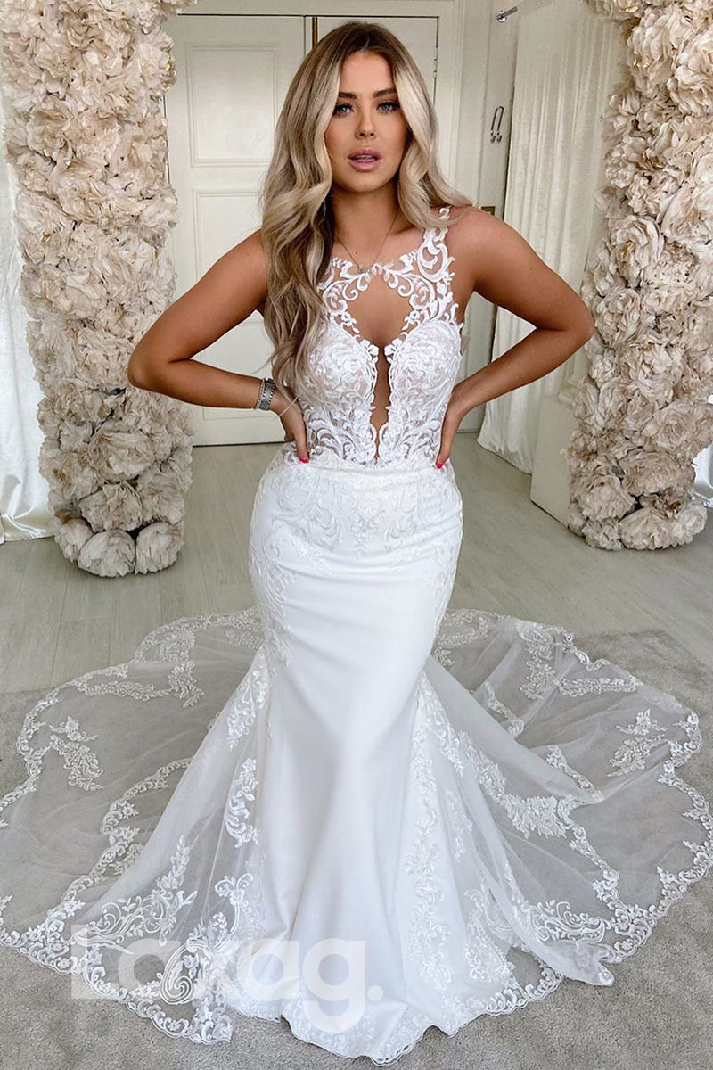 13548 - Plunging V-neck Allover Lace Dress Mermaid Wedding Gown|LAXAG