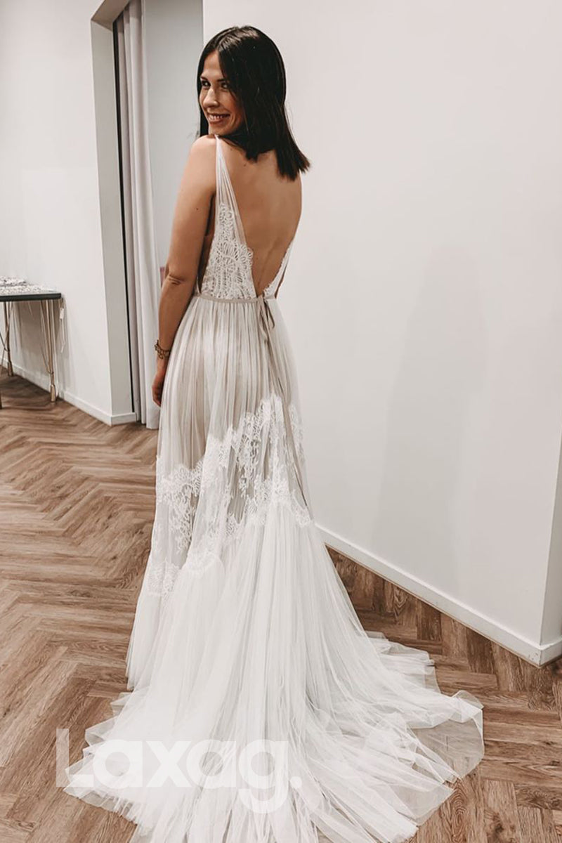 13554 - Deep V-neck Lace A-line Bohemian Wedding Dress|LAXAG