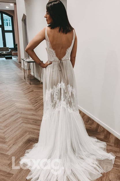 13554 - Deep V-neck Lace A-line Bohemian Wedding Dress|LAXAG