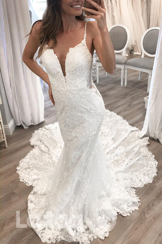 13556 - Plunging V-neck Mermaid Gown Lace Wedding Dress