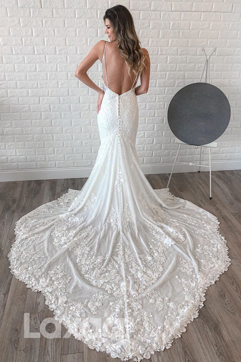 13556 - Plunging V-neck Mermaid Gown Lace Wedding Dress|LAXAG