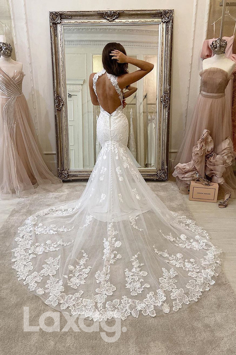 13584 - Unique High Neckline Embroidery Lace Wedding Dress Mermaid Bridal Gown|LAXAG