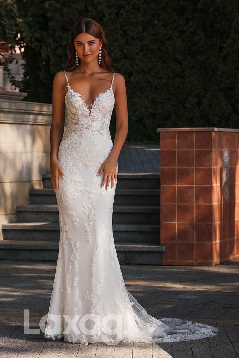 14500 - Women's Spaghetti Straps V-neck Lace Wedding Dress|LAXAG