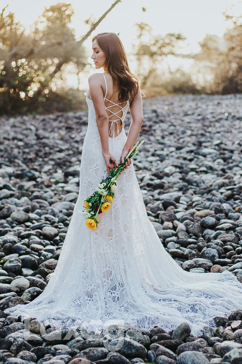 14502 - Unique Halter Exquisite Lace Bohemian Wedding Dress|LAXAG