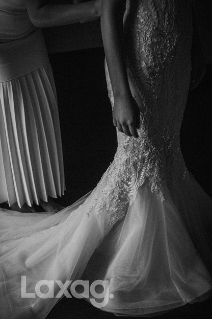 14503 - Plunging V-neck Lace Applique Mermaid Wedding Dress|LAXAG