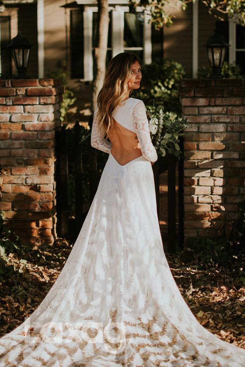 14504 - Exquisite Lace Wedding Dress Long Sleeves Bohemian Bridal Dress |LAXAG