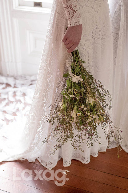 14504 - Exquisite Lace Wedding Dress Long Sleeves Bohemian Bridal Dress |LAXAG