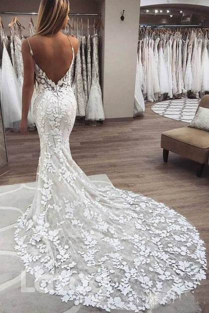 14506 - Spaghetti Straps Lace Wedding Dress for Women V-neck Mermaid Bridal Gown|LAXAG