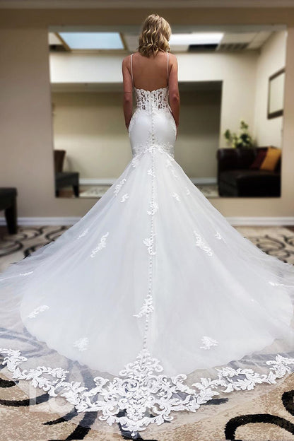 14516 - Women's Spaghetti Straps Lace Applique Mermaid Wedding Dress|LAXAG