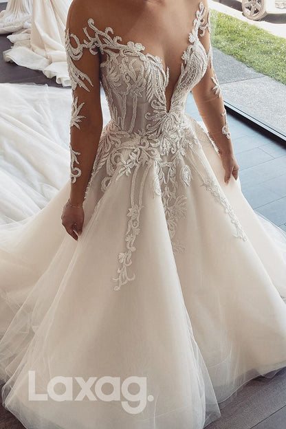 14517 - Plunging V-neck Lace Appliques Long Sleeves Rustic Wedding Dress|LAXAG