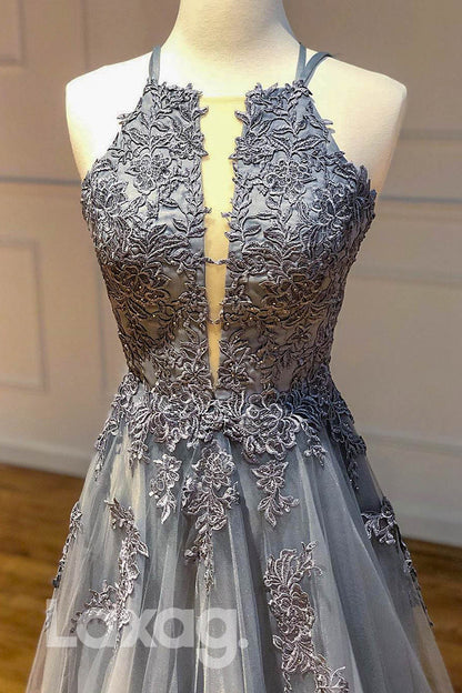 13734 - Sheer Neck Floral Appliqued Open Back A-Line Dress - Laxag