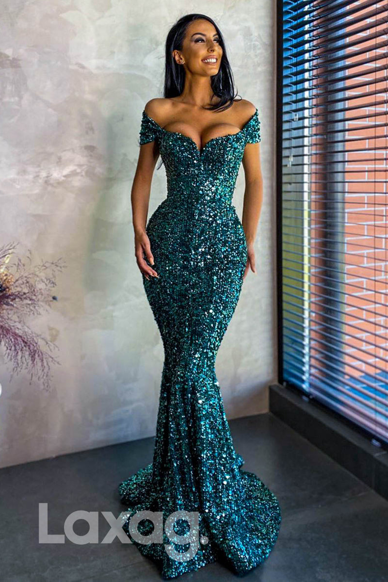 15701 - Fully Sequined Sweetheart Cap Sleeve Mermaid Gown - Laxag