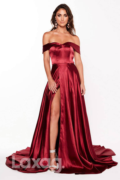 15703 - Long Off-Shoulder High Slit Satin Gown With Sweep Train - Laxag