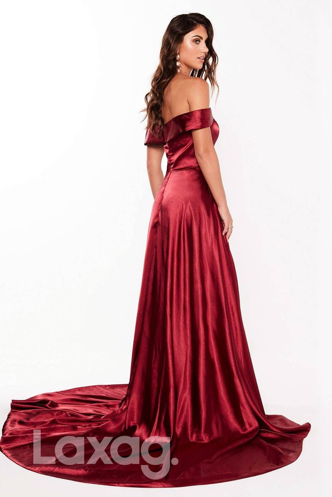 15703 - Long Off-Shoulder High Slit Satin Gown With Sweep Train - Laxag