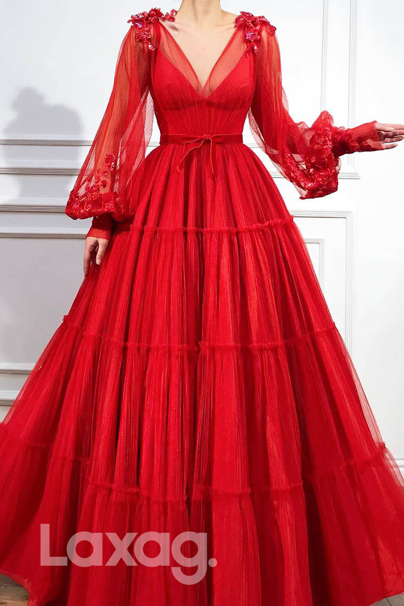 15719 - Ornate V-Neck Tiered Tulle Puff Sleeves Sash Gown - Laxag