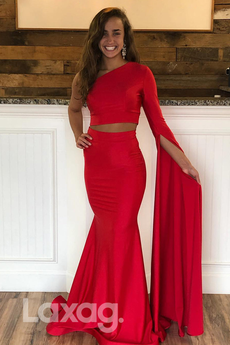 15754 - One Shoulder Long Sleeves Red Two-Piece Prom Dress|LAXAG