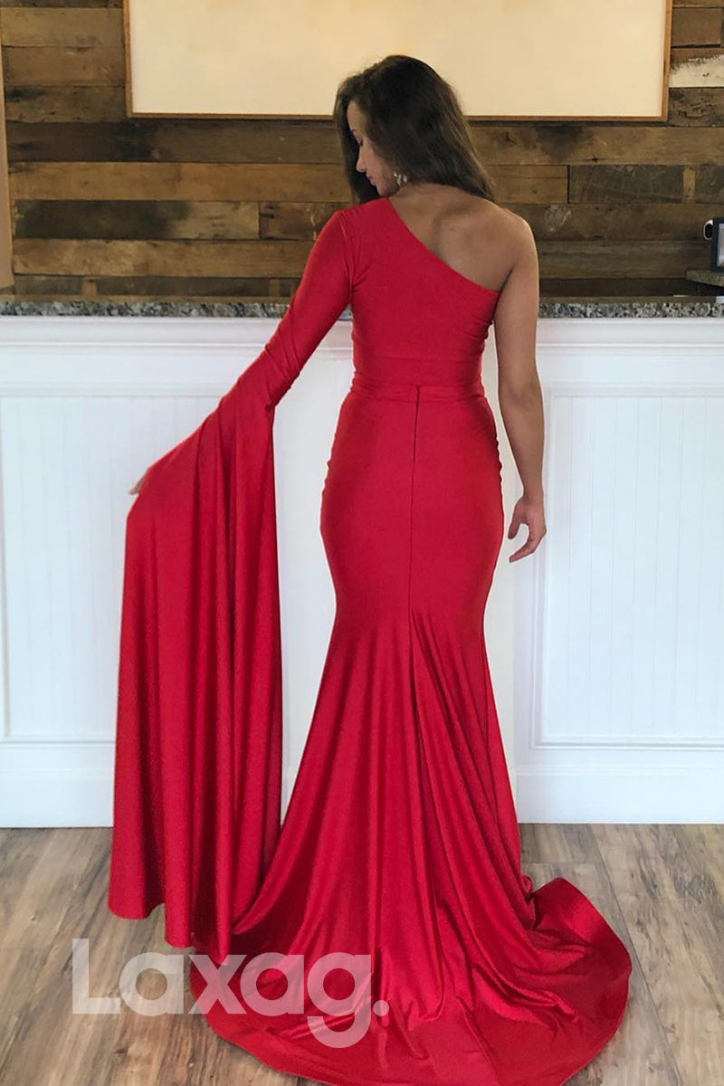 15754 - One Shoulder Long Sleeves Red Two-Piece Prom Dress|LAXAG