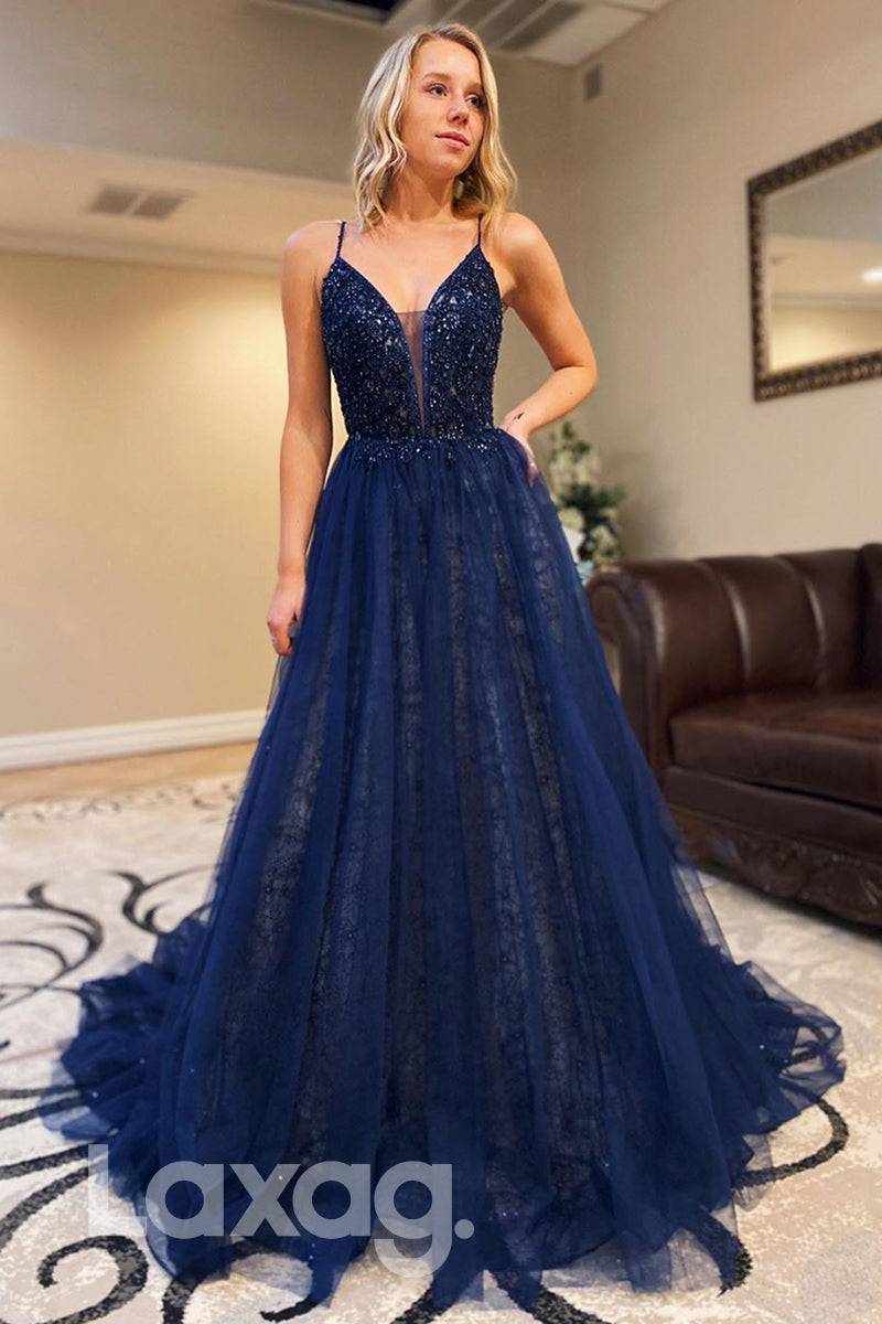 15755 - Plinging V-neck Bead Bodice A-line Prom Dress|LAXAG
