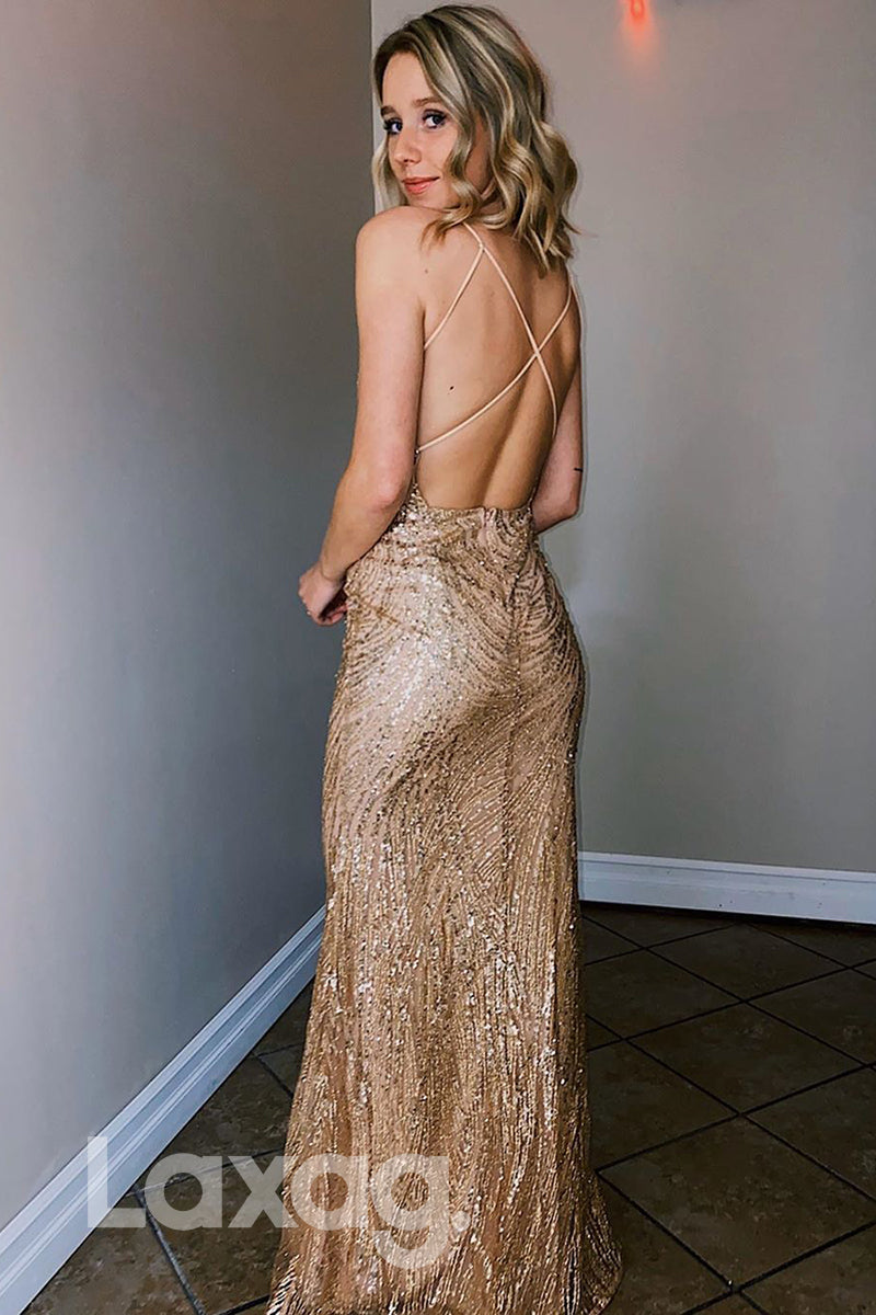 15782 - Plunging V-neck Champagne Sequins Lace Sparkly Prom Dress|LAXAG
