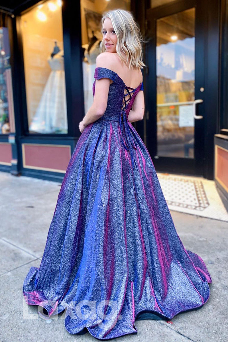 15783 - Off the Shoulder Purple Sparkly Prom Dress with Pockets