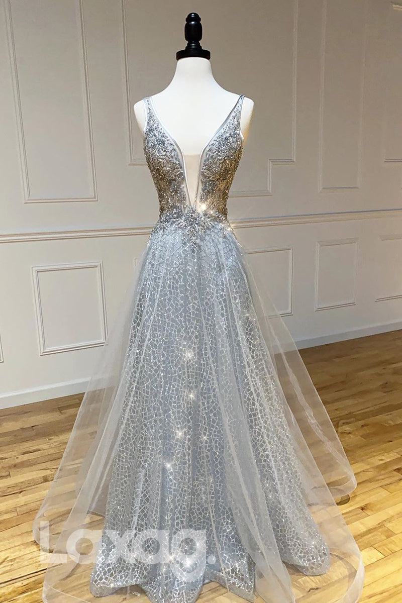 15784 - Deep V-neck Beads Silver Prom Dress Glitter|LAXAG