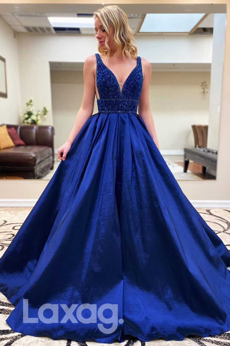 15788 - Deep V-neck Royal Blue Beaded A-line Prom Dress|LAXAG