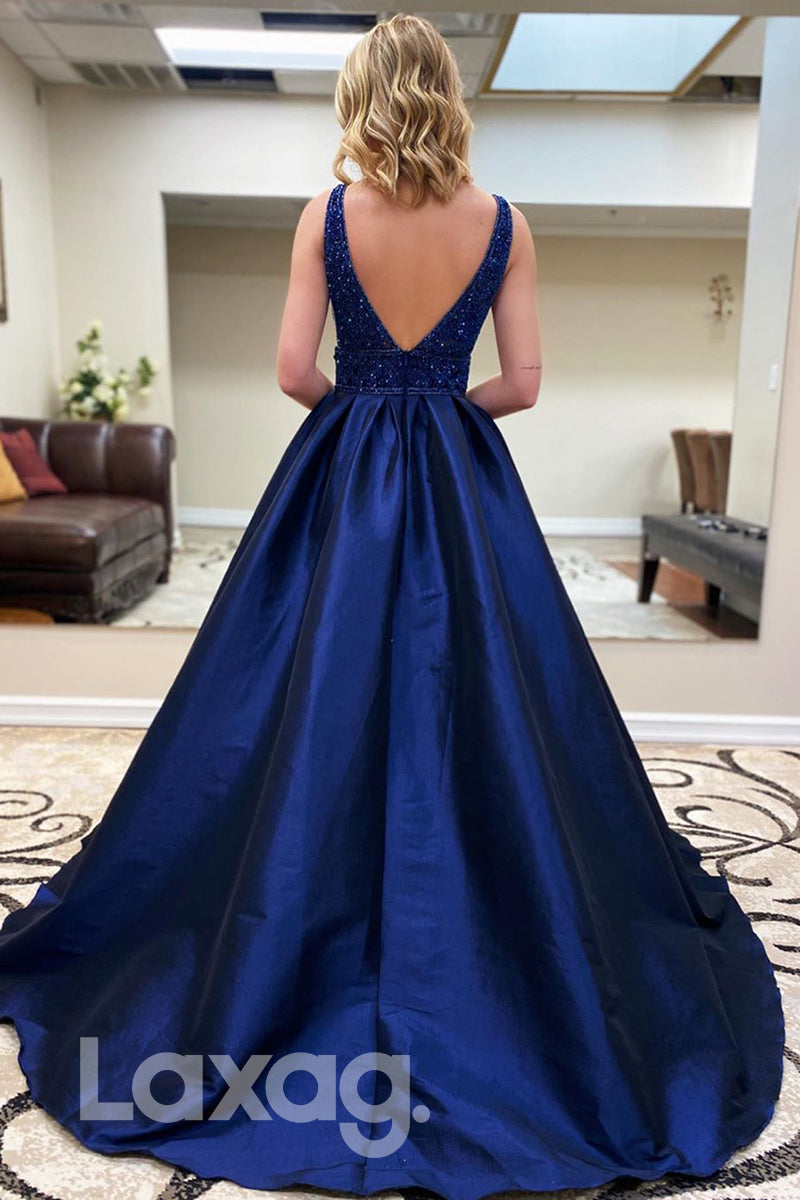 15788 - Deep V-neck Royal Blue Beaded A-line Prom Dress|LAXAG