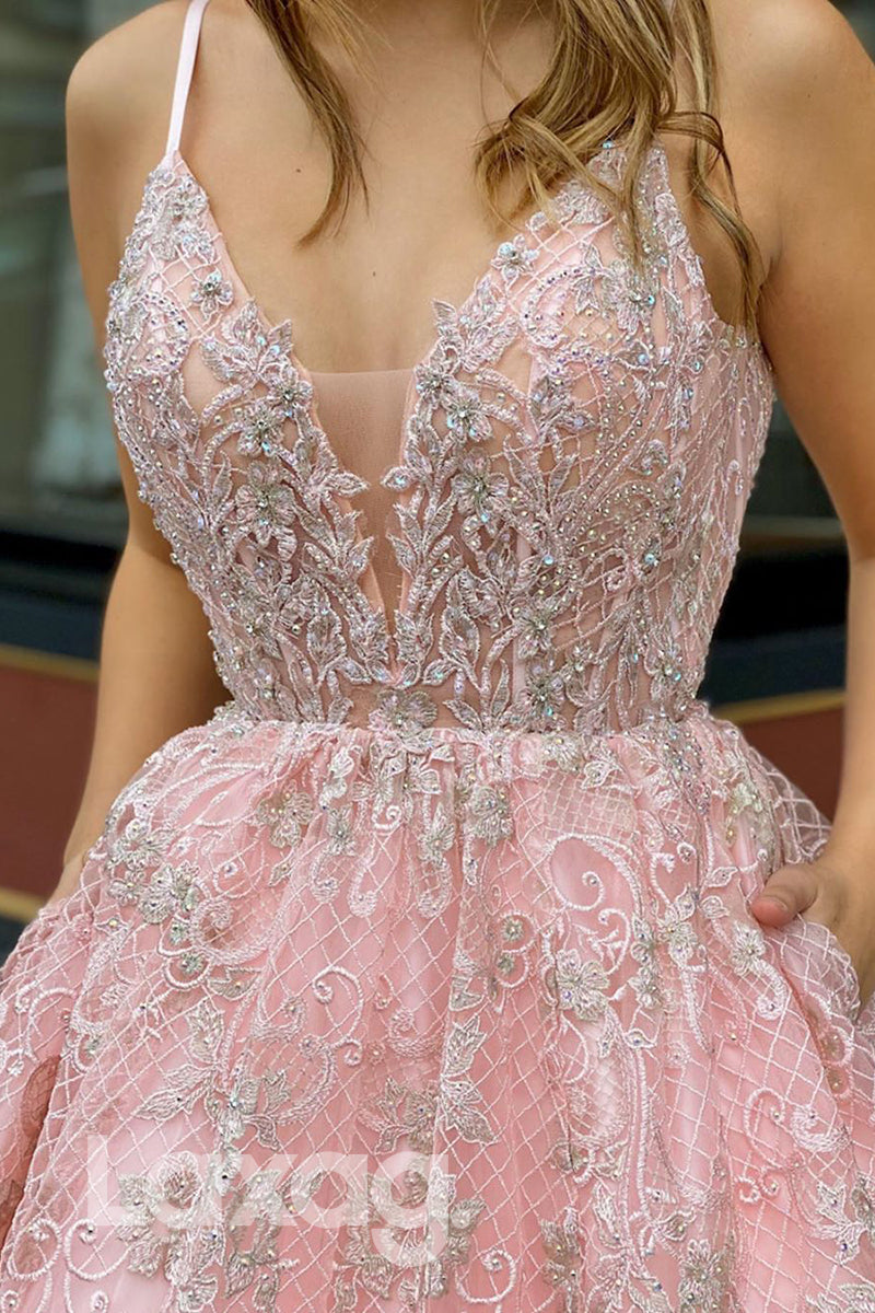15791 - Spaghetti Straps Pink Beaded Lace Long Prom Dress with Pockets|LAXAG