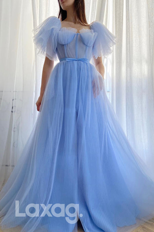 15799 - Light Blue Tulle Short Sleeves A-line Formal Dress with Pockets|LAXAG