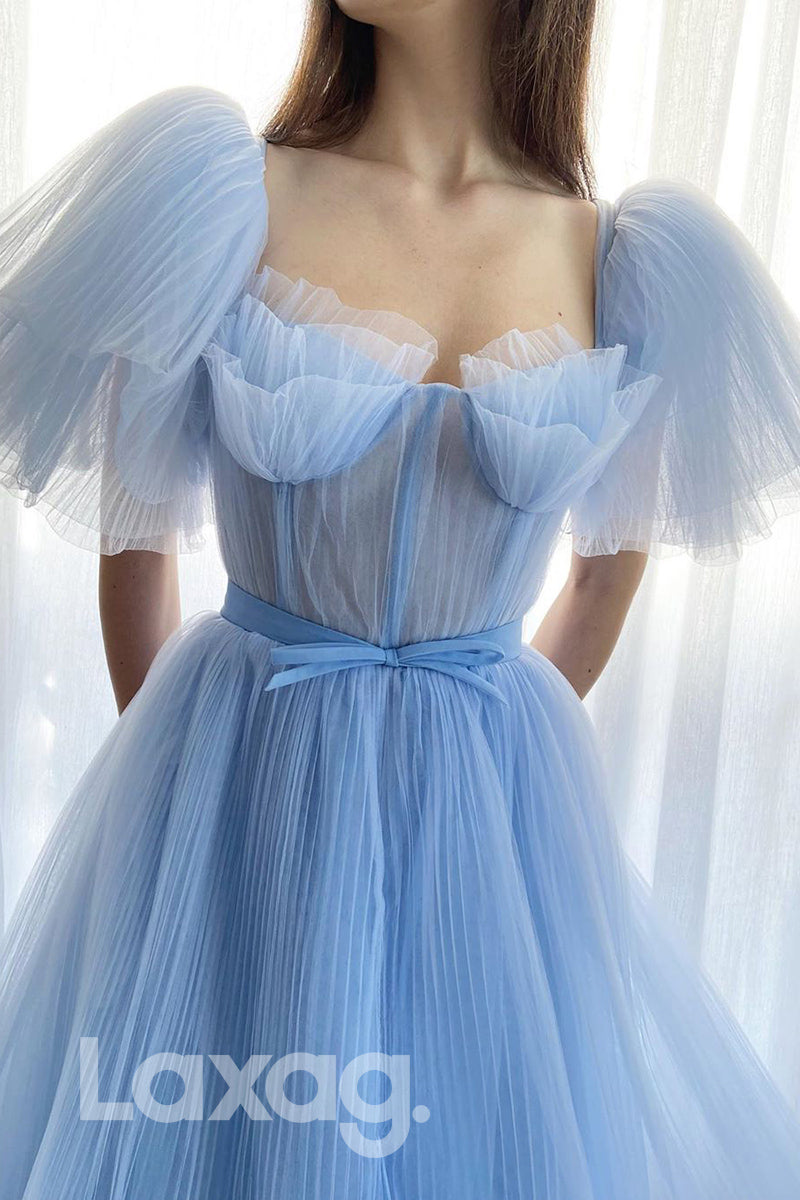 15799 - Light Blue Tulle Short Sleeves A-line Formal Dress with Pockets|LAXAG