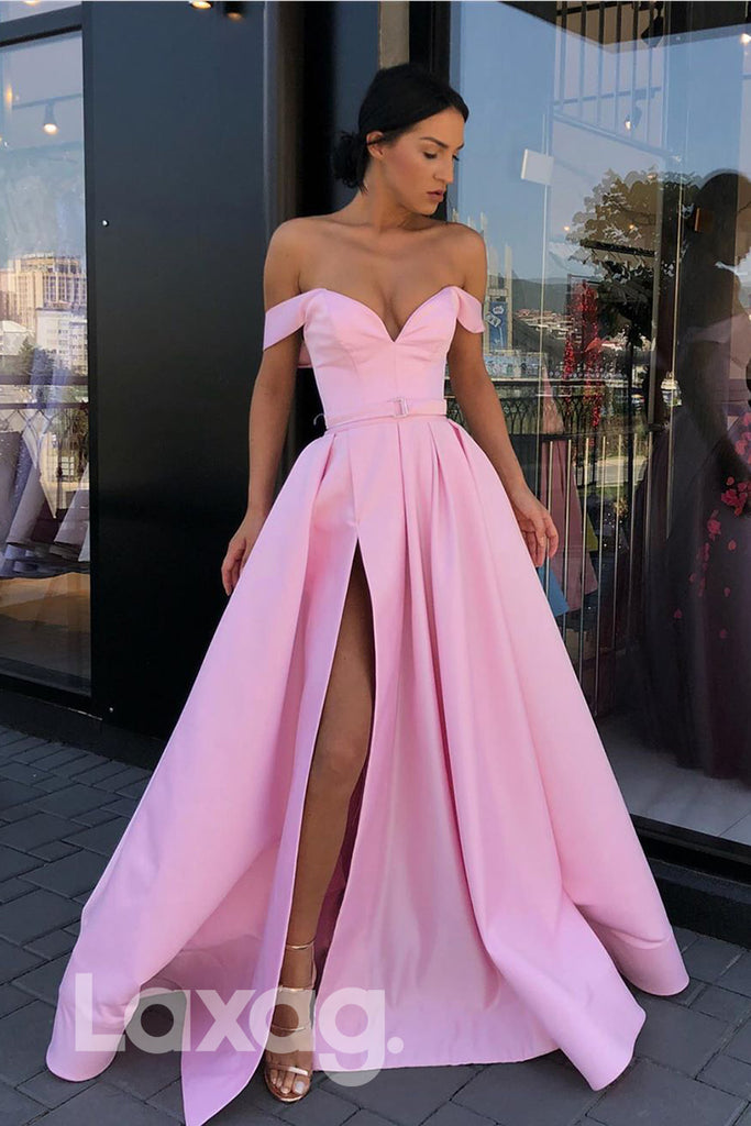 16701 - Off the Shoulder Satin High Split Prom Dress|LAXAG