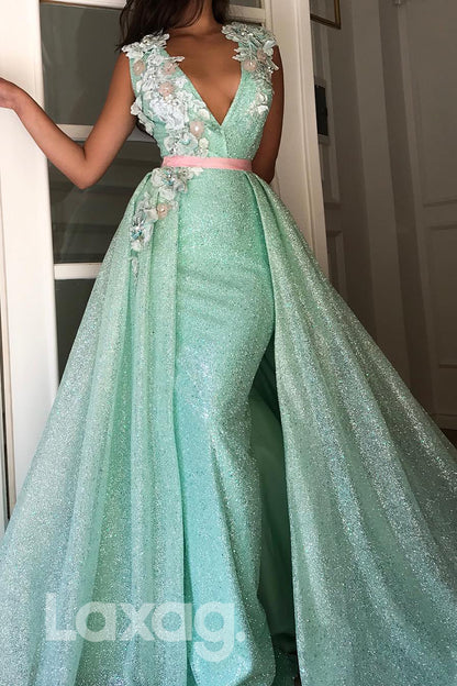 16705 - Deep V-neck Mint Green Sequins Mermaid Formal Dress with Overlay|LAXAG