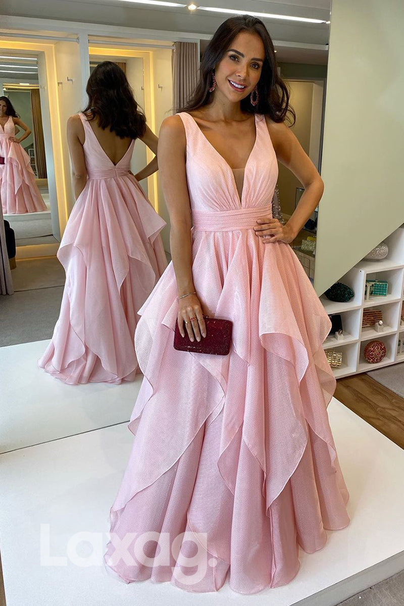 16714 - Plunging V-neck Pink Dress Formal Gown|LAXAG