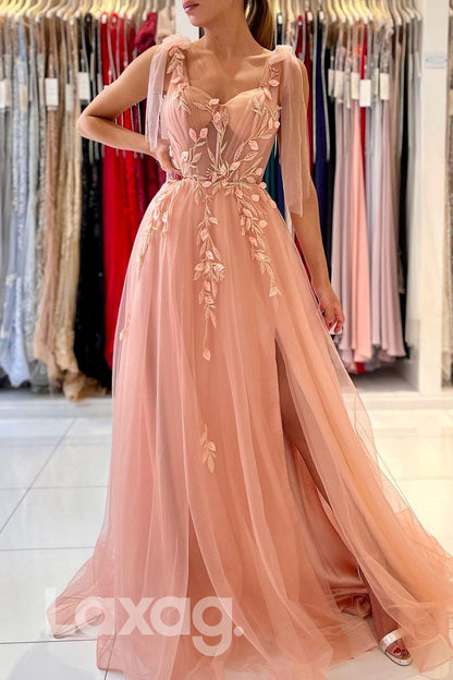 18721 - Women's Spaghetti Straps Applique Long Formal Prom Dress with Slit|LAXAG