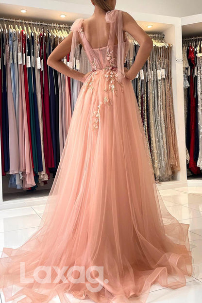 18721 - Women's Spaghetti Straps Applique Long Formal Prom Dress with Slit|LAXAG