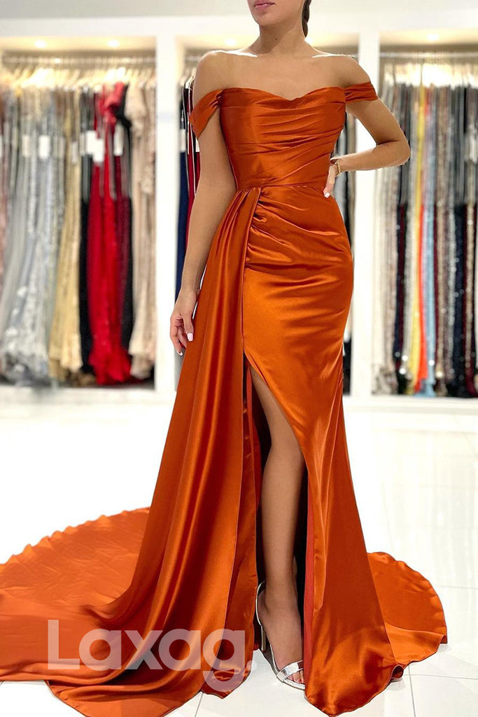 18722 - Off Shoulder Satin Pleats High Split Mermaid Formal Evening Dress |LAXAG