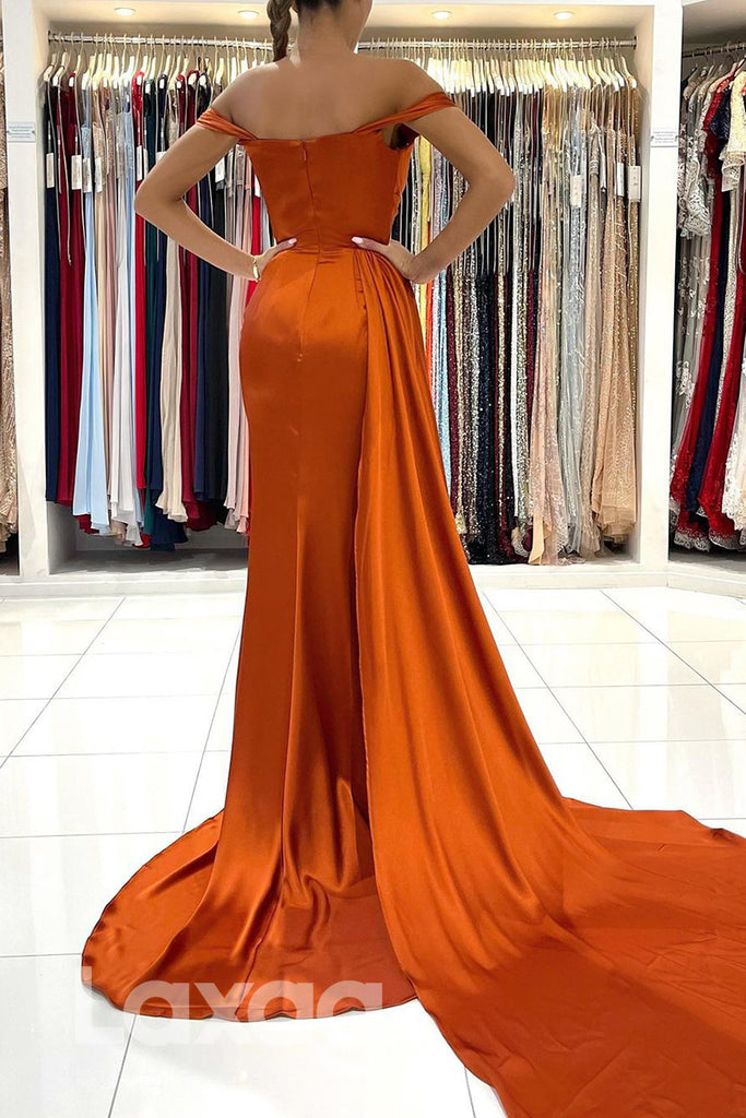 18722 - Off Shoulder Satin Pleats High Split Mermaid Formal Evening Dress |LAXAG