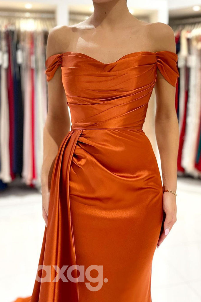 18722 - Off Shoulder Satin Pleats High Split Mermaid Formal Evening Dress |LAXAG