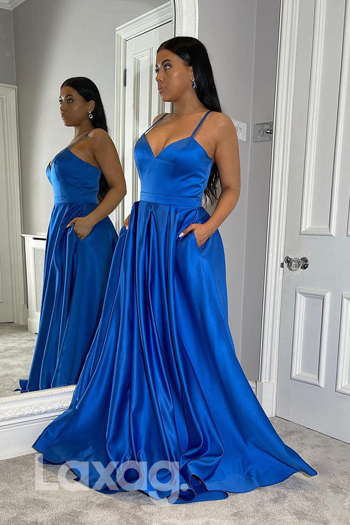 18728 - Spaghetti Straps Satin High Split Long Prom Dress with Pockets|LAXAG