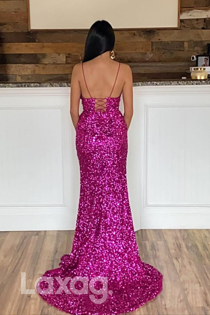 18734 - Women's Spaghetti Straps Sequins Sparkly Prom Dress with Slit|LAXAG