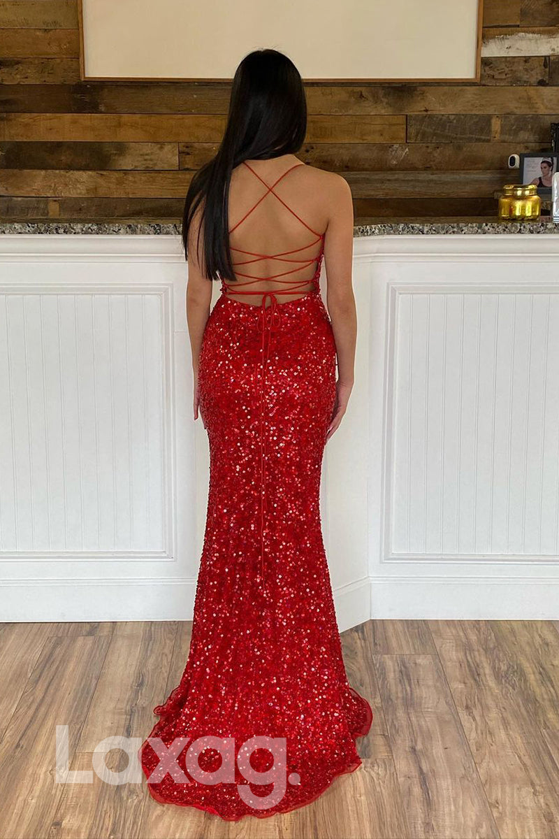 18735 - Women's Spaghetti Straps Scoop Sequin Sparkly Prom Dress with Slit|LAXAG